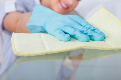 Professional carpet cleaner following safety procedures in a home